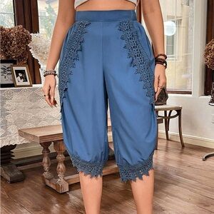 Solid Color Lace Trim Wrap Pants